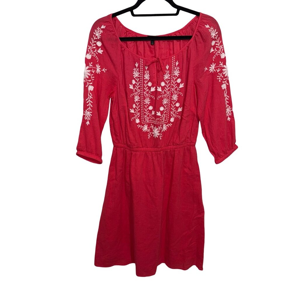 Talbots Pretty Pink/White Embroidered Peasant Style 3/4 Sleeve Midi Dress Sz S